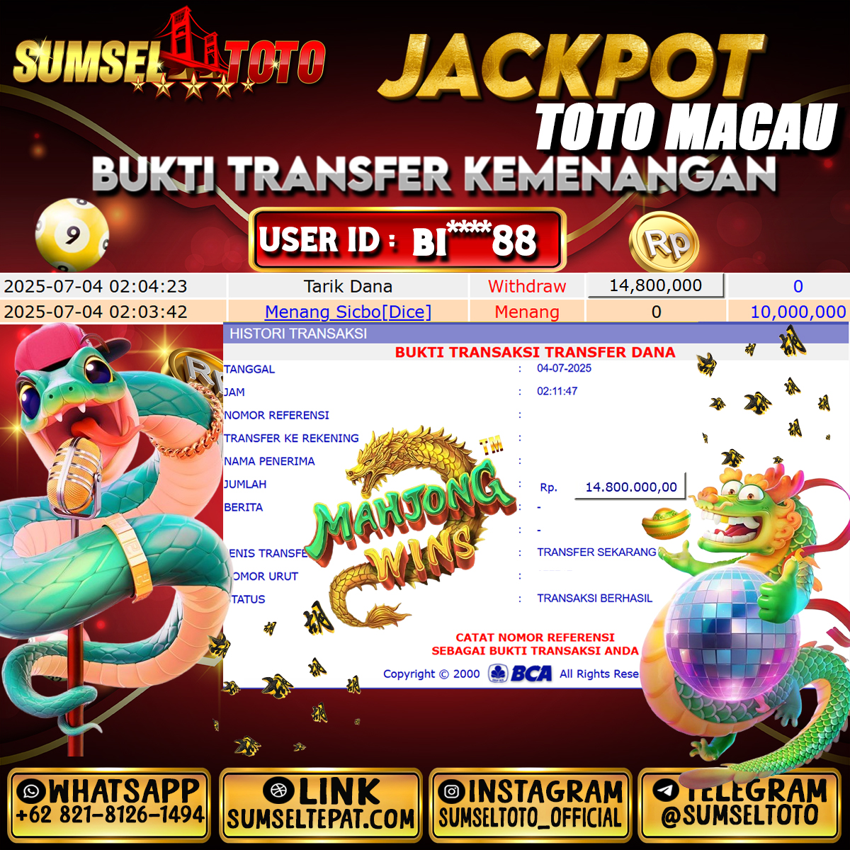 SUMSELTOTO JACKPOT MAHJONG WINS  Rp.14,800,000., - LUNAS
